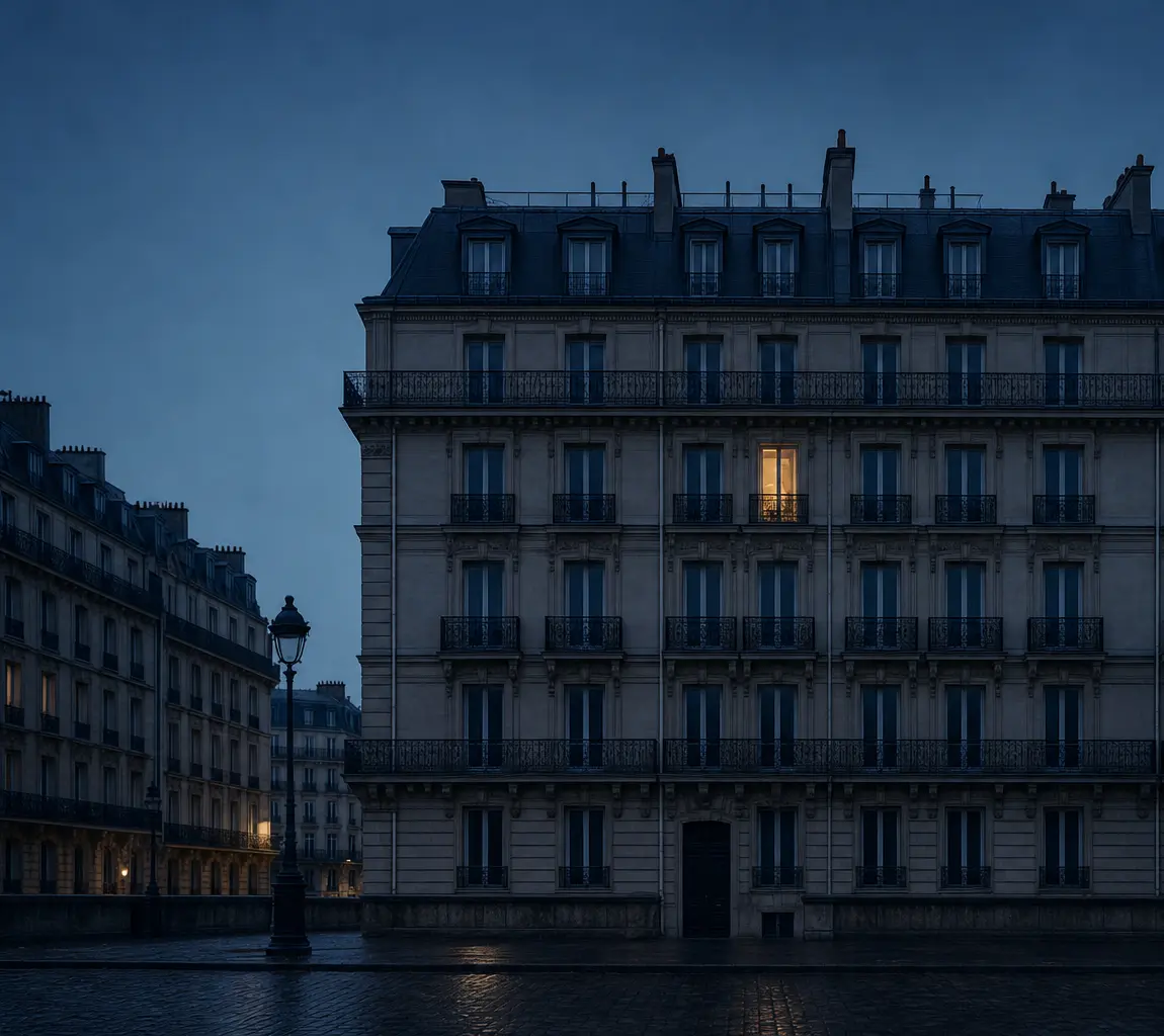 Un immeuble parisien la nuit, une seule fenêtre allumée